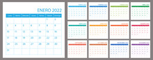 Spanish Calendar Planner 2022, Vector Schedule Month Calender, Organizer Template. Business Personal Page. Modern Simple Illustration