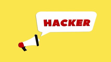 Leinwandbilder - 3d realistic style megaphone icon with text Hacker isolated on yellow background. Megaphone with speech bubble and hacker text on flat design. 4K video motion graphic