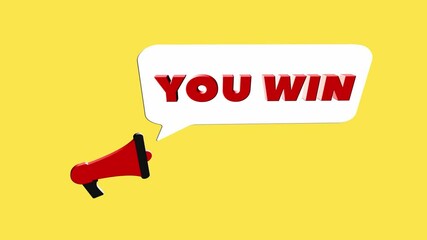 Aufkleber - 3d realistic style megaphone icon with text You win isolated on yellow background. Megaphone with speech bubble and you win text on flat design. 4K video motion graphic