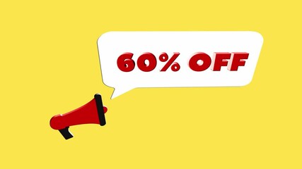Aufkleber - 3d realistic style megaphone icon with text 60 percent off isolated on yellow background. Megaphone with speech bubble and 60 percent off text on flat design. 4K video motion graphic