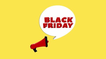 Poster - 3d realistic style megaphone icon with text Black Friday isolated on yellow background. Megaphone with speech bubble and black friday text on flat design. 4K video motion graphic