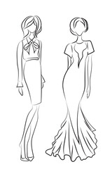 Wall Mural - Fashion sketch. Models wearing stylish clothes on white background, illustration