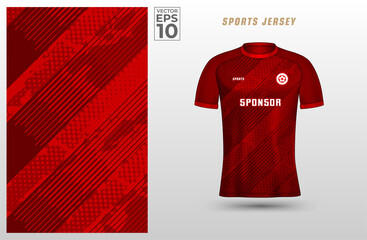 Red t-shirt sport design template with abstract line halftone pattern for soccer jersey. Sport uniform in front view. Tshirt mock up for sport club. Vector Illustration