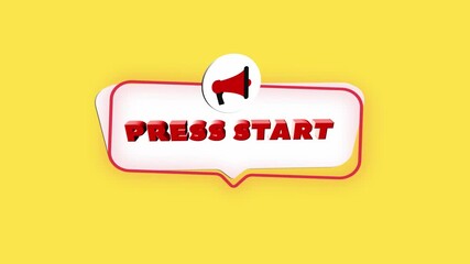 Fototapete - 3d realistic style megaphone icon with text Press start isolated on yellow background. Megaphone with speech bubble and press start text on flat design. 4K video motion graphic
