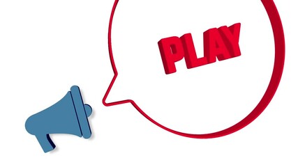 Fototapete - Megaphone with speech bubble in 3d style on white background. Play text. Loudspeaker. 4K video motion graphic