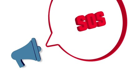 Fototapete - Megaphone with speech bubble in 3d style on white background. Sos text. Loudspeaker. 4K video motion graphic
