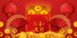 happy chinese new year. red envelope illustration with sycee ingot Yuan Bao gold and golden coin with lantern decoration asian pattern ( text translation = happy chinese new year)