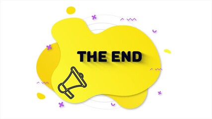 Fototapete - Black megaphone with text The end. Memphis style banner with abstract geometric shapes on yellow background. Banner and outline round elements with megaphone. 4K video motion graphic