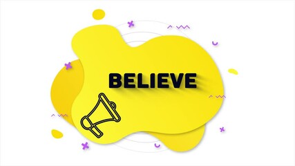 Fototapete - Black megaphone with text Believe. Memphis style banner with abstract geometric shapes on yellow background. Banner and outline round elements with megaphone. 4K video motion graphic