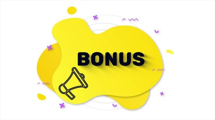 Poster - Black megaphone with text Bonus. Memphis style banner with abstract geometric shapes on yellow background. Banner and outline round elements with megaphone. 4K video motion graphic