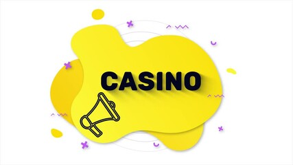 Poster - Black megaphone with text Casino. Memphis style banner with abstract geometric shapes on yellow background. Banner and outline round elements with megaphone. 4K video motion graphic