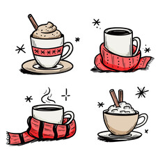 christmas hot drink set of winter coffee, tea. hand drawn sketch style. drink cup, mug with winter s