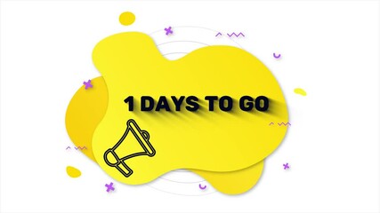 Poster - Megaphone with text 1 day to go. Memphis style banner with abstract geometric shapes on yellow background. Banner and outline round elements with megaphone. 4K video motion graphic