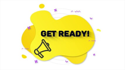 Fototapete - Megaphone with text Get ready. Memphis style banner with abstract geometric shapes on yellow background. Banner and outline round elements with megaphone. 4K video motion graphic