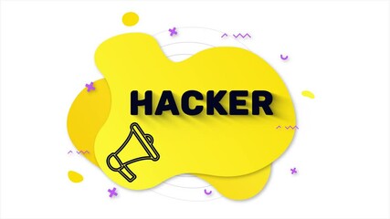 Poster - Black megaphone with text Hacker. Memphis style banner with abstract geometric shapes on yellow background. Banner and outline round elements with megaphone. 4K video motion graphic