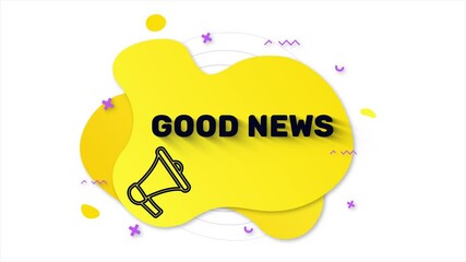 Aufkleber - Megaphone with text Good news. Memphis style banner with abstract geometric shapes on yellow background. Banner and outline round elements with megaphone. 4K video motion graphic