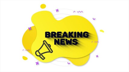 Poster - Megaphone with text Breaking news. Memphis style banner with abstract geometric shapes on yellow background. Banner and outline round elements with megaphone. 4K video motion graphic