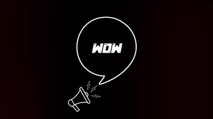 Poster - Megaphone with speech bubble and the wow text on old tv glitch interference screen. Animation of retro Wow text. 4K video motion graphic