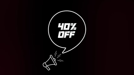Poster - Megaphone with speech bubble and the 40 percent off text on old tv glitch interference screen. Animation of retro 40 percent off. 4K video motion graphic