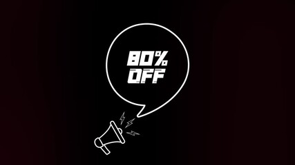 Poster - Megaphone with speech bubble and the 80 percent off text on old tv glitch interference screen. Animation of retro 80 percent off. 4K video motion graphic