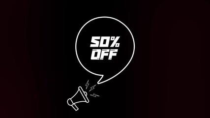 Poster - Megaphone with speech bubble and the 50 percent off text on old tv glitch interference screen. Animation of retro 50 percent off. 4K video motion graphic