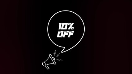 Poster - Megaphone with speech bubble and the 10 percent off text on old tv glitch interference screen. Animation of retro 10 percent off. 4K video motion graphic