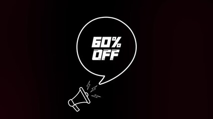 Poster - Megaphone with speech bubble and the 60 percent off text on old tv glitch interference screen. Animation of retro 60 percent off. 4K video motion graphic