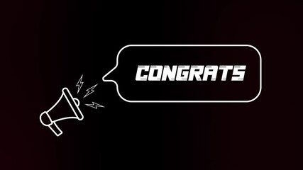 Poster - Megaphone with speech bubble and the Congrats text on old tv glitch interference screen. Animation of retro congrats text. 4K video motion graphic