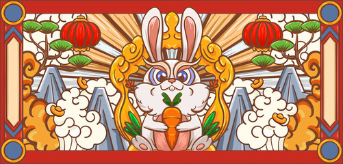  Hand drawn cartoon Chinese New Year rabbit Lunar New Year illustration design

