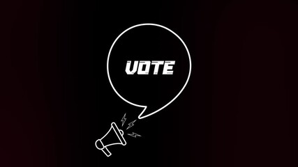 Poster - Megaphone with speech bubble and vote text on old tv glitch interference screen. Animation of retro Vote text. 4K video motion graphic