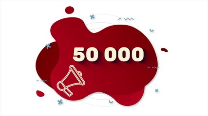 Aufkleber - Megaphone with number 50K. 50000 subscribers text. Memphis style banner with abstract geometric shapes on red background. 4K video motion graphic