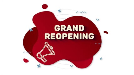 Leinwandbilder - Megaphone with text Grand reopening. Memphis style banner with abstract geometric shapes on red background. Banner and outline round elements with megaphone. 4K video motion graphic