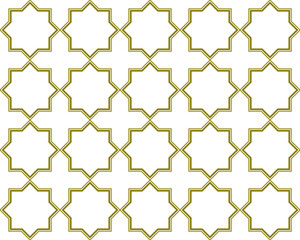 Poster - Simple six point star Islamic style repeat pattern in double gold color outline on a white background, geometric vector illustration