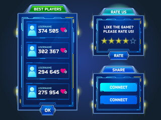 Poster - game frames in sci fi style with best players list, rate and share banners. vector cartoon set of bl