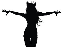 A Black Silhouette Of A Dancing Fox Girl With A Perfect Body, Cute Ears And A Forelock On Her Head, She Elegantly Wriggles In A Plastic Dance Forming Waves With Her Thin Arms And Thin Waist. 2d Art