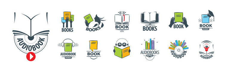 Wall Mural - A set of vector logos of books and audiobooks on a white background