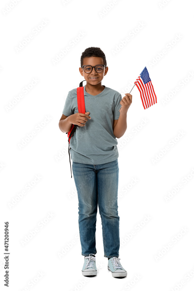 Pupil of language school with USA flag on white background