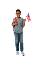 Wall Mural - Pupil of language school with USA flag on white background