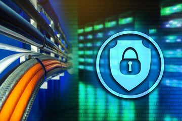 Poster - Network connection security. Data leakage protection concept. Server security. Server protection from hacking. Network wires near servers. Padlock icon represents security software. Art blurred