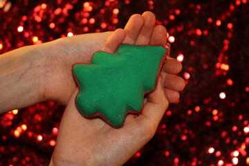 Wall Mural - beautiful green Christmas tree is lying on your hand on a shiny background