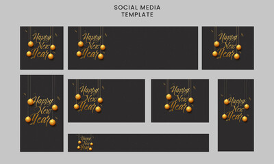 Poster - Social Media Template And Header Collection With Happy New Year Font Written By Golden Brush, Baubles Hang On Black Background.