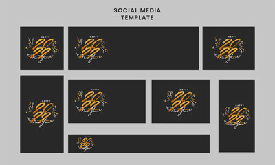 Sticker - Social Media Template And Header Collection With 2022 Number Written By Golden Brush On Black Background For Happy New Year.