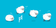 Count Sheep Before Bed. Good Night Concept. Cute Sheep Are Jumping Over The Fence. Vector Flat Illustration.