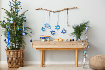 Stylish interior of room decorated for Hanukkah celebration