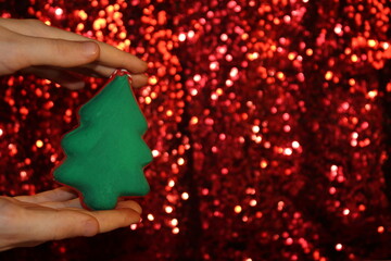 Wall Mural - beautiful green Christmas tree is lying on your hand on a shiny background