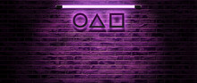 Simple Square, Circle, Triangle For Game Logo Design Vector. Glowing Purple Neon Lamps On Brick Wall Background Indoors 3D Rendering.