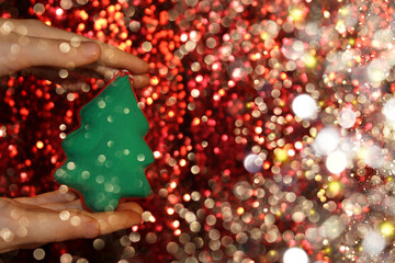 Wall Mural - beautiful green Christmas tree is lying on your hand on a shiny background
