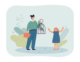 Poster - Happy daughter looking at mother holding birdcage with parrot. Woman giving exotic bird to girl flat vector illustration. Pets, family, childhood concept for banner, website design or landing web page