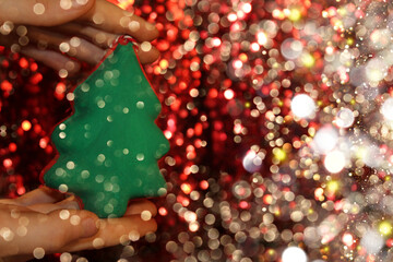 Wall Mural - beautiful green Christmas tree is lying on your hand on a shiny background