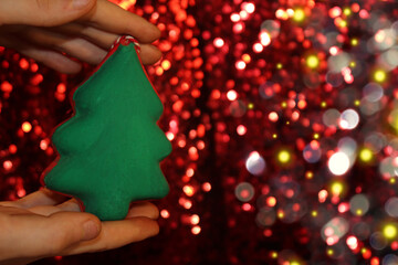Wall Mural - beautiful green Christmas tree is lying on your hand on a shiny background